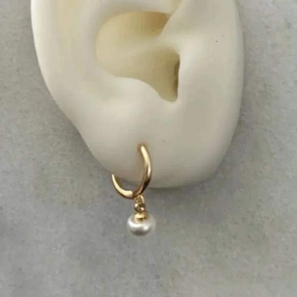 COPY - Gold Pearl Dangle Huggie Hoop Earrings - Picture 2 of 4